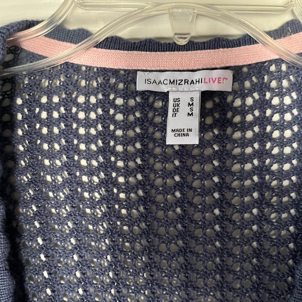Isaac Mizrahi Navy Open-Front Knit Cardigan with Light Blue Sea Appliqués - Picture 4 of 5